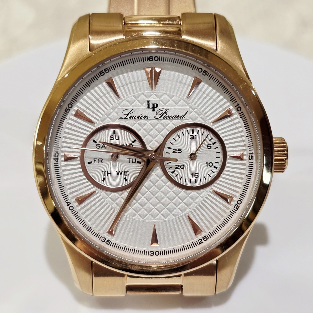 Lucien Piccard STELLAR Men's Wrist Watch Day Date Sub-Dials Rose Gold Pink